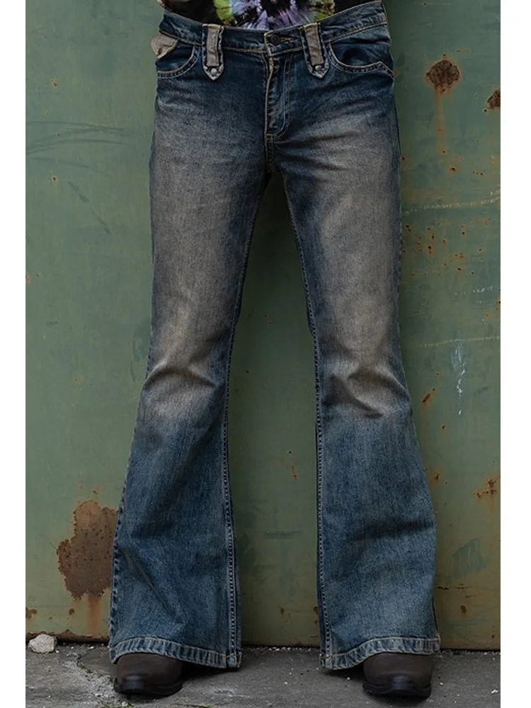 Модные Мужские расклешенные джинсы, осенне-зимние потертые синие брюки с высокой талией, Джинсы, Новые дизайнерские джинсовые брюки в стиле панк
