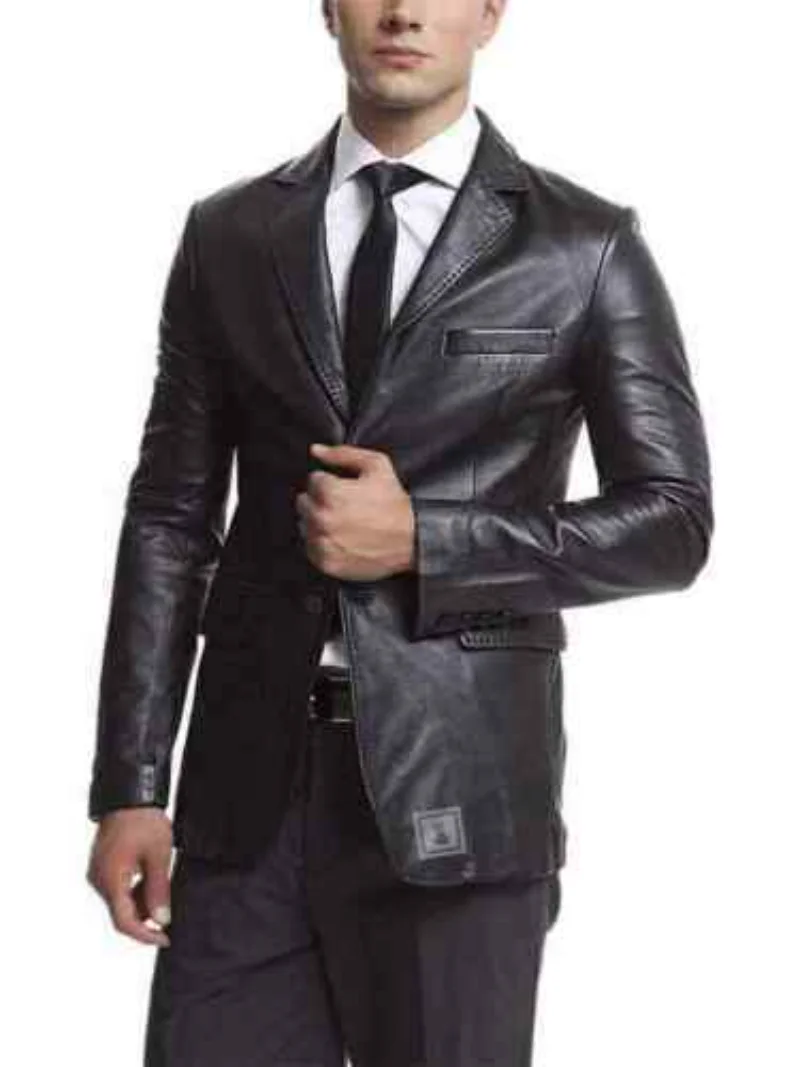 Мужской кожаный Блейзер, куртка на ДВУХ пуговицах, черное пальто из овчины