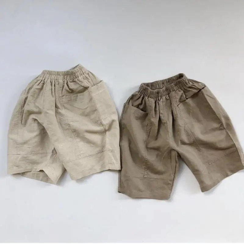 Новые летние детские однотонные шорты 2023 года для маленьких мальчиков и девочек, льняные Повседневные брюки средней длины с карманами, удобные дышащие шорты, Детская одежда
