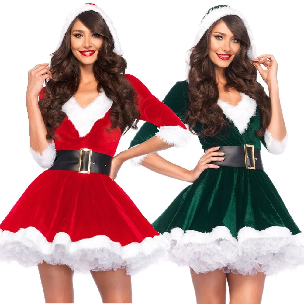 Сексуальные красно-зеленые бархатные рождественские платья с капюшоном для женщин, маскарадный костюм Санта-Клауса для Рождественской вечеринки