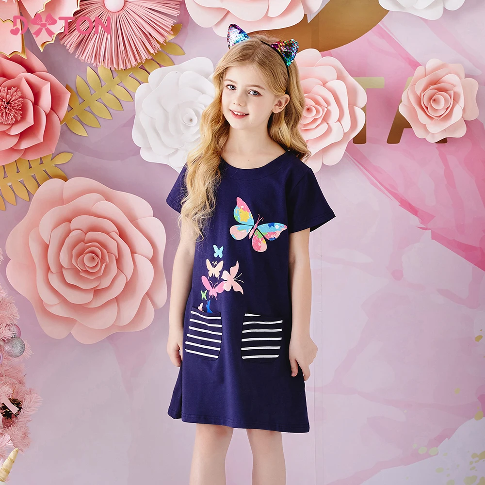 Хлопковое платье DXTON для девочек, летнее детское платье с коротким рукавом, Детские повседневные платья, платья с принтом бабочки для девочек и карманами